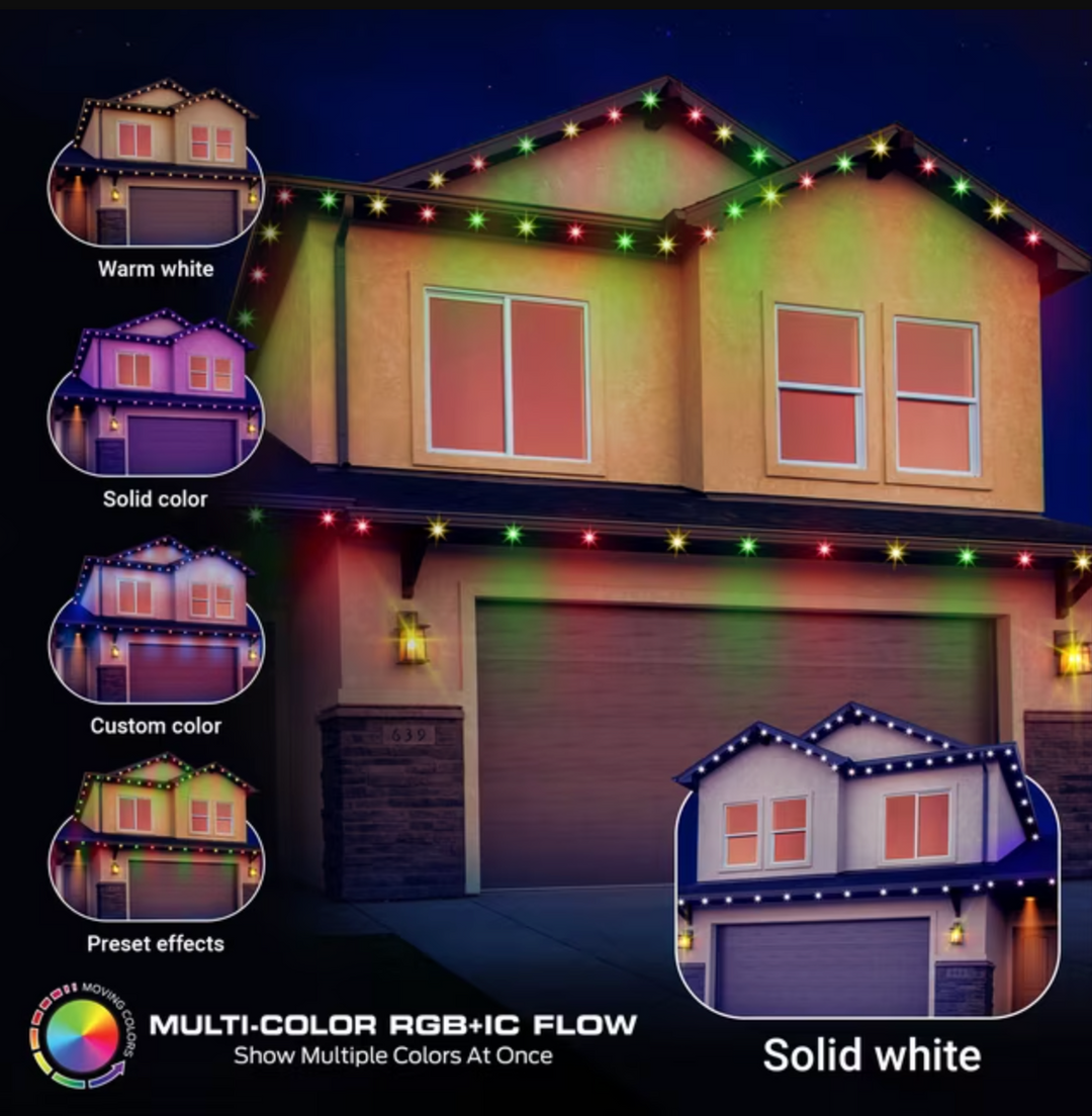 Monster | Smart Permanent Outdoor Lights, 50ft, 36 LED RGBIC+ Multiwhite, All-Weather App & Voice Control Sound-Reactive Customizable Lighting with Scheduling & Timer | MOW7-1015-CAN
