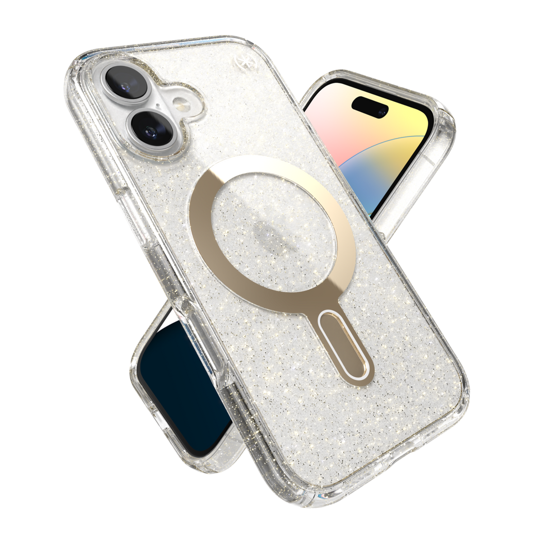 Speck Presidio Lux Grip MagSafe with ClickLock Apple iPhone 16 - Clear/Gold Glitter | 150694-9221