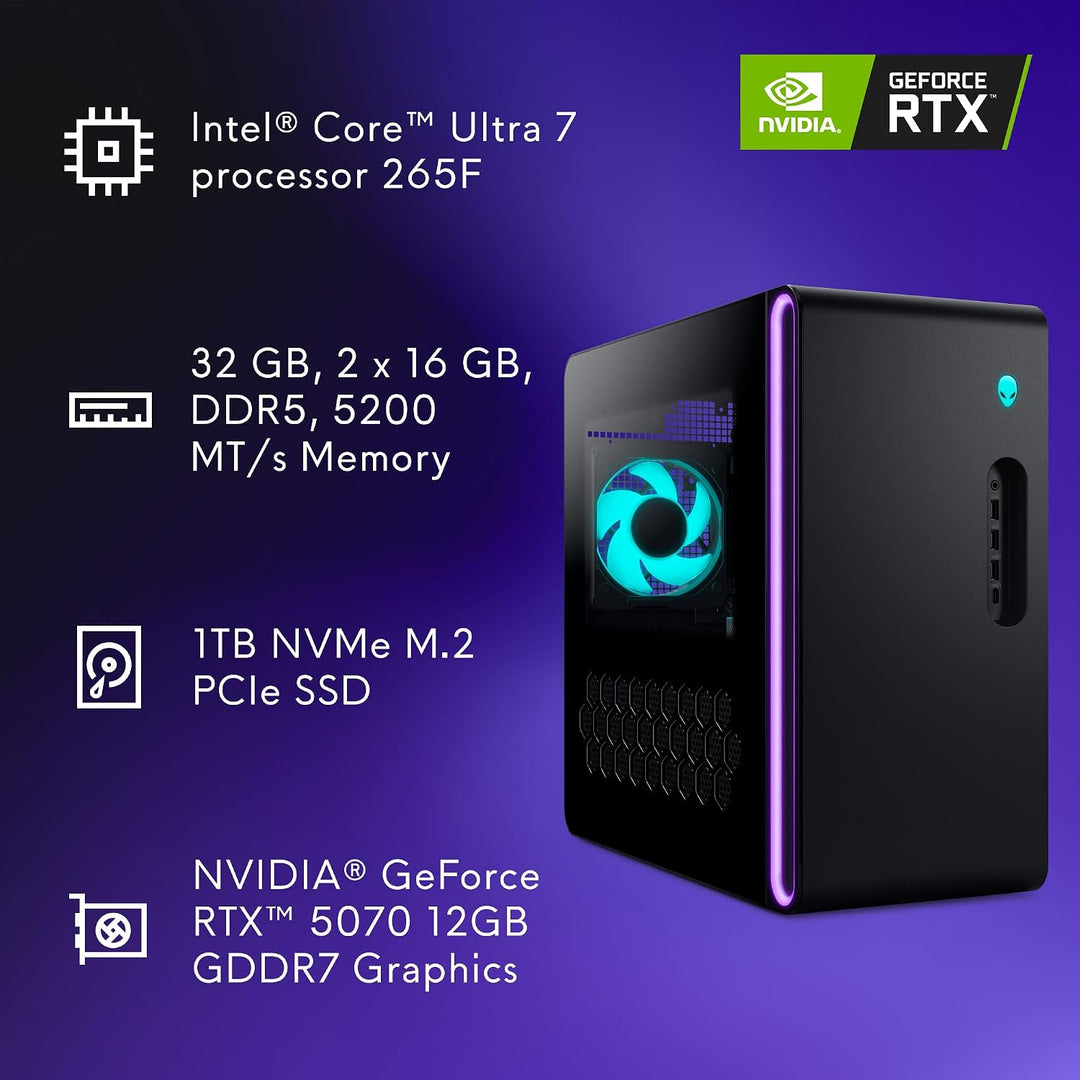 Alienware | Aurora Gaming Desktop Ultra 7 processor 265F 32GB DDR5 1TB RTX 5060 Ti 8GB GDDR7 500W Liquid Cooler W11 Home 1YR