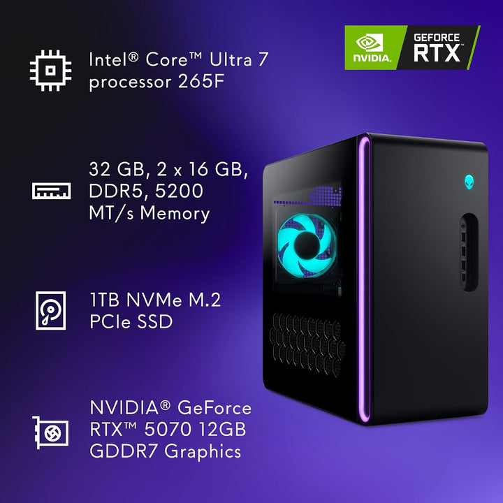 Alienware | Aurora Gaming Desktop Ultra 7 processor 265F 32GB DDR5 1TB RTX 5060 Ti 8GB GDDR7 500W Liquid Cooler W11 Home 1YR