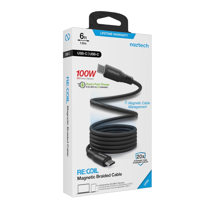 /// Naztech | ReCoil USB-C to USB-C Magnetic Braided Cable 6FT  - 100W Black | 15-13933