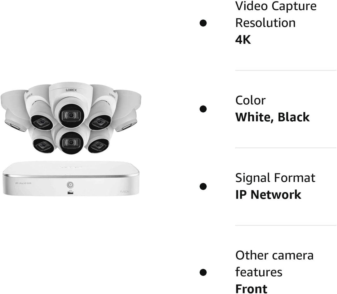 Lorex | Fusion Series 4K Camera Capable 8 Cameras - 2TB Wired NVR System with A14 IP Dome Cameras - White | N4K2-88WD-6