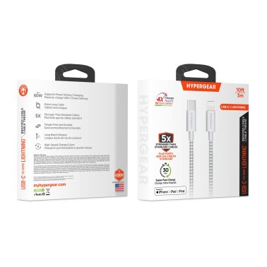 HyperGear | Braided Charge and Sync Cable USB-C to Lightning 10FT 300cm - White | 15965