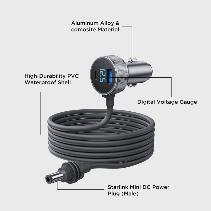 Mighty Mount | Starlink Mini Car Charger with 10FT Cable 2 Ports - Black | M9560-C5
