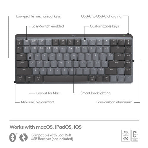 Logitech | MX Mechanical Mini for Mac Compact Wireless Mechanical Tactile Switch Keyboard for macOS/iPadOS/iOS with Backlit Keys - Space Gray | 920-010831