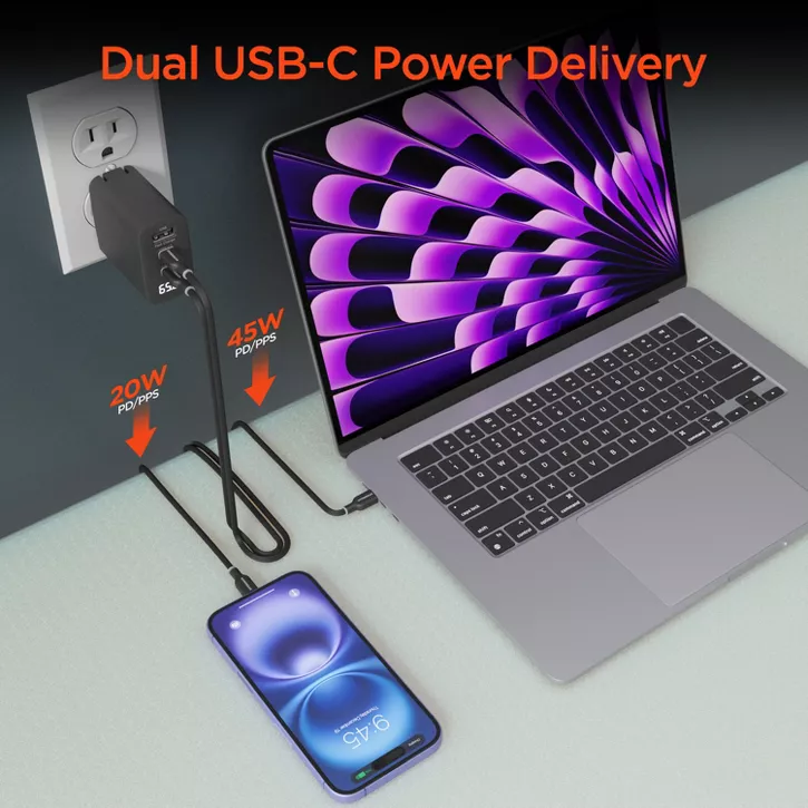 HyperGear | Multi Port Dual USB-C + Single USB-A Wall Charger Travel Hub w/ LCD Screen 65W - Black | 16299HIT