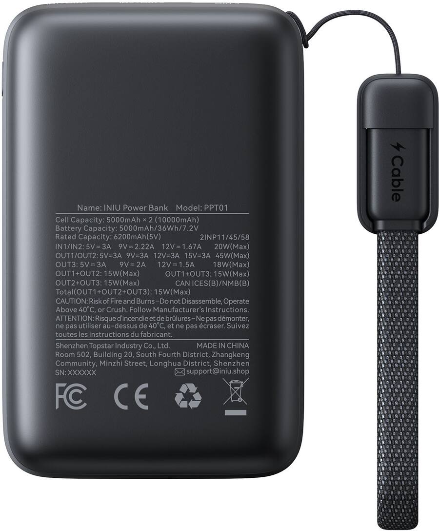 INIU | Pocket Pro Power Bank with LED Display (10,000mAh) - Black | PPT01