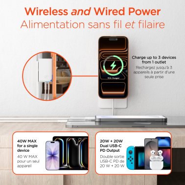 HyperGear | MaxCharge 40W 3in1 Magnetic Wireless Fast Charger w/Dual USB-C Wall Charger - White | 16451