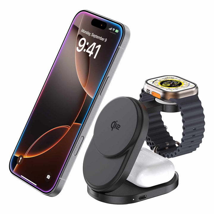 Blu Element | Qi2 3-in-1 Foldable Wireless Charging Stand 15W MagSafe-Compatible - Black | BEWCQi23IN1F PROMO ENDS JAN 3