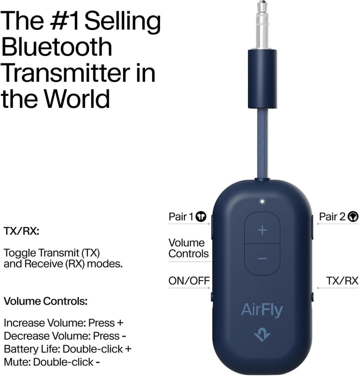 Twelve South | AirFly Pro 2 Bluetooth Adapter for Airplane Pair 2 AirPods or Wireless Headphones - Blue | TS-12-2512