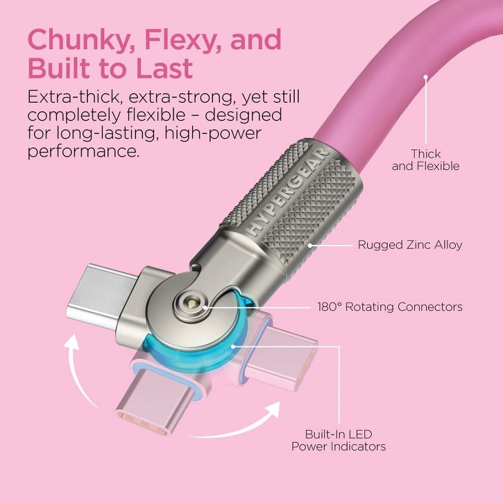HyperGear | Rugged Cable w/Rotating Connectors USB-C to USB-C Chunky 180  12 ft. 360cm 100W - Pink |  16343