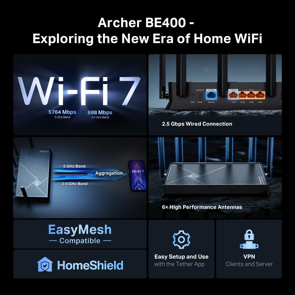 TP-Link | Archer Dual-Band Wi-Fi 7 Router - Black | BE6500