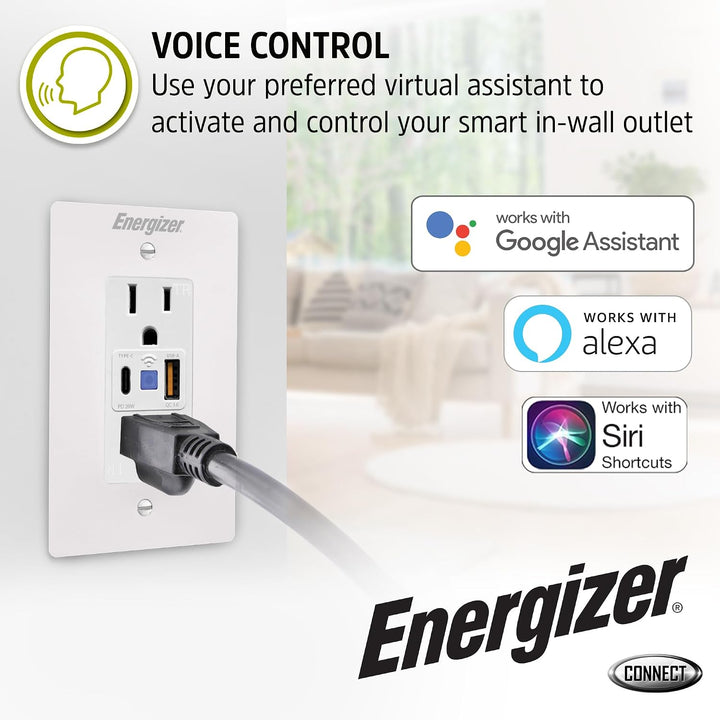 Energizer | Smart in-Wall Smart Plug 2 Outlet Controlled Outlets & USB C and USB A Ports 20W | EWO3-1005-WHT