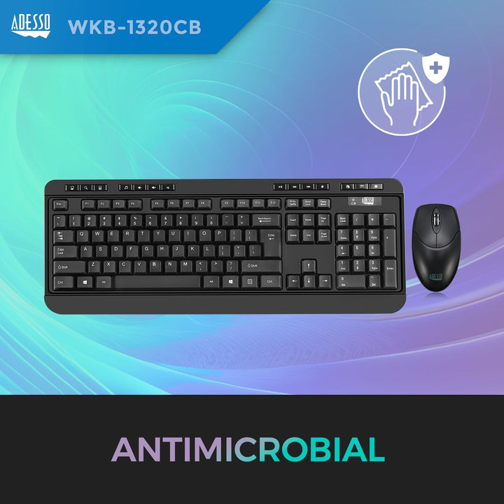 Adesso | Antimicrobial Wireless Desketop Keyboard & Mouse Combo - Black | WKB-1320CB