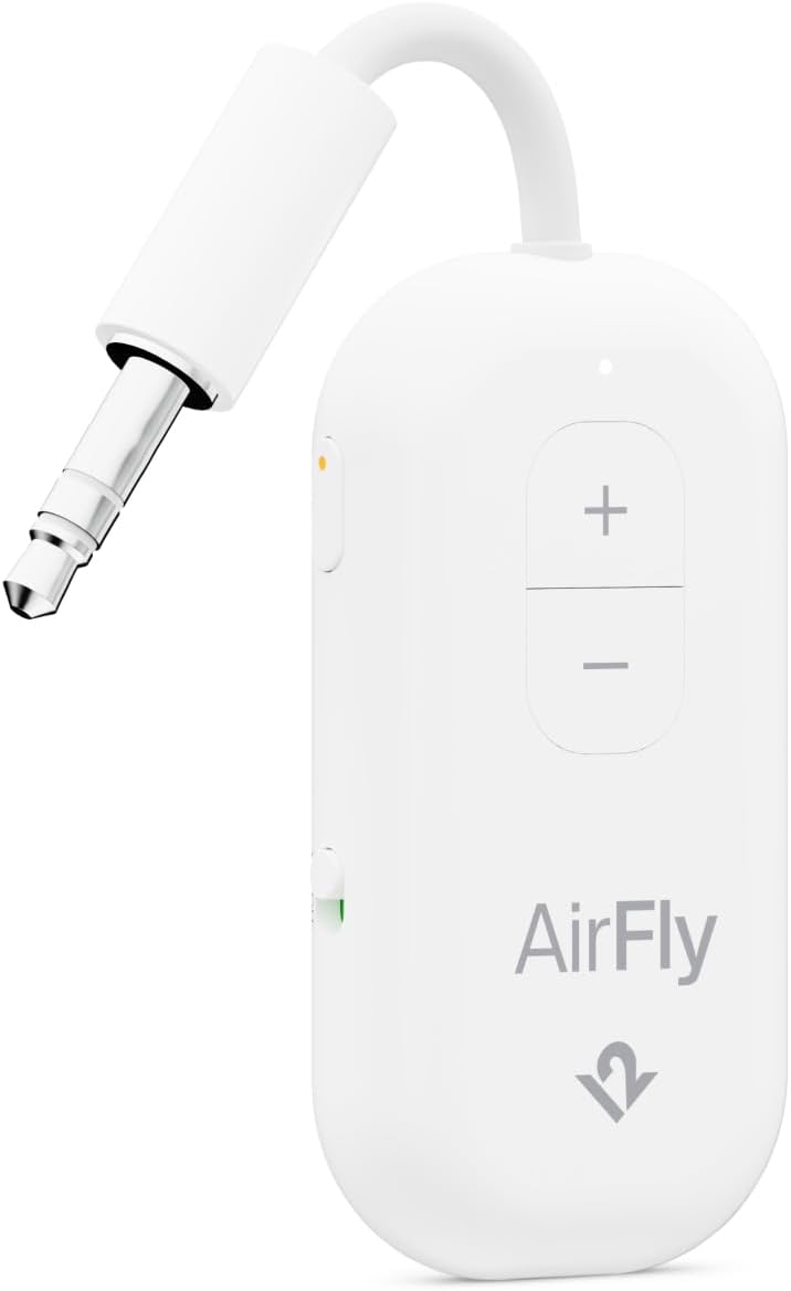 Twelve South | AirFly Pro 2 Bluetooth Adapter for Airplane Pair 2 AirPods or Wireless Headphones - White | TS-12-2411