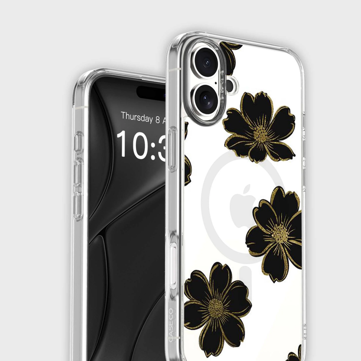 Caseco | Black Flower iPhone 16 - Clear / Black|  ED24C8-FLB