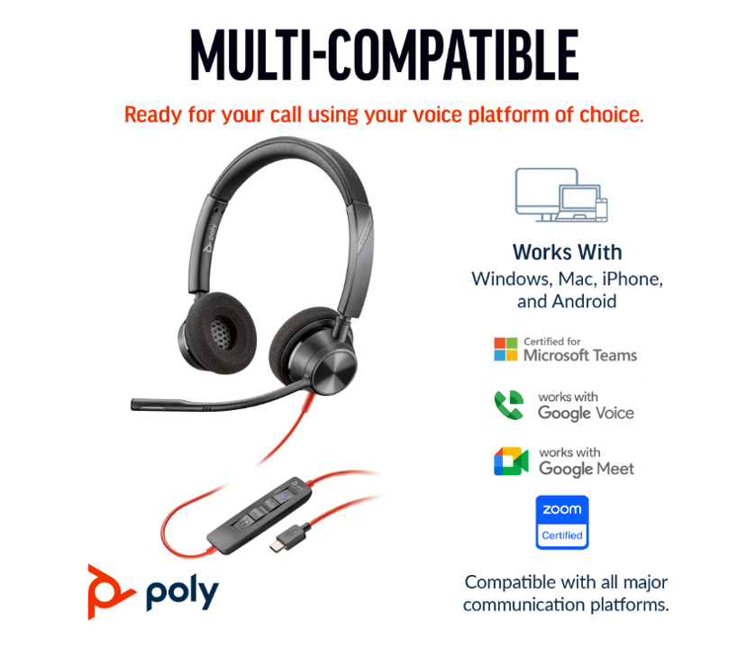 HP | Poly Blackwire 3320 Stereo Microsoft Teams Certified USB-C Headset +USB-C/A Adapter | 8X220AA
