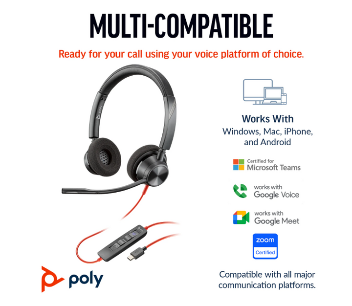 HP | Poly Blackwire 3320 Stereo Microsoft Teams Certified USB-C Headset +USB-C/A Adapter | 8X220AA