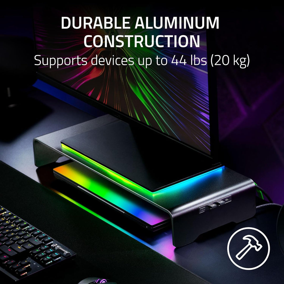 Razer | Monitor Stand Chroma: 4 Port Hub USB A 3.2, USB C 3.2, HDMI 2.0 Ergonomic Height - Black | RC21-02320100-R3U1