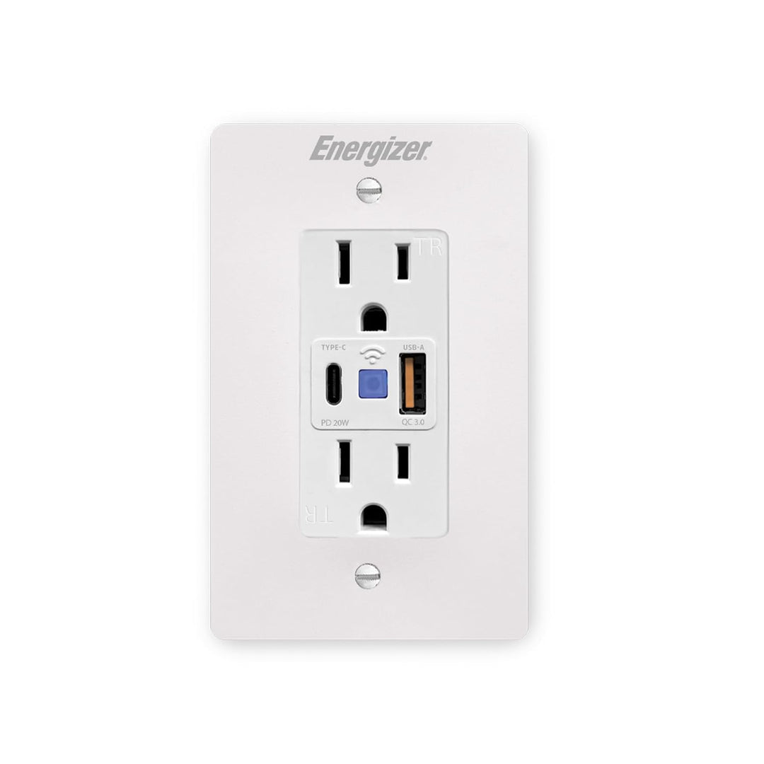 Energizer | Smart in-Wall Smart Plug 2 Outlet Controlled Outlets & USB C and USB A Ports 20W | EWO3-1005-WHT