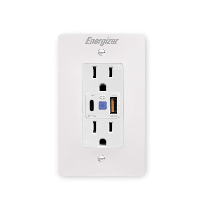 Energizer | Smart in-Wall Smart Plug 2 Outlet Controlled Outlets & USB C and USB A Ports 20W | EWO3-1005-WHT