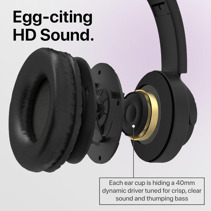 HyperGear | Headphones Bluetooth Bunny Tracks Built in Mic Soft Memory Foam Ear Cushions Foldable Design 10hr Play Time – Black | CUST-DTIPADMINI3-RYL