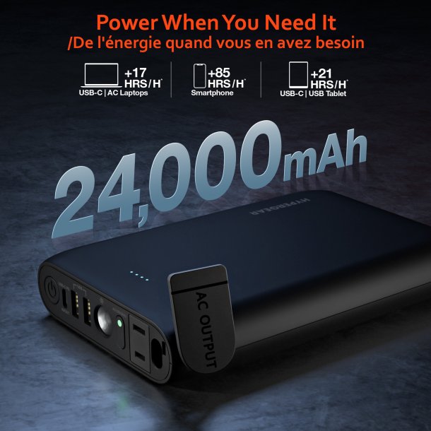HyperGear | High Capacity External Battery Outlet Power Brick Laptop Bank 24,000mAh 65W USB-C + A/C | 15695