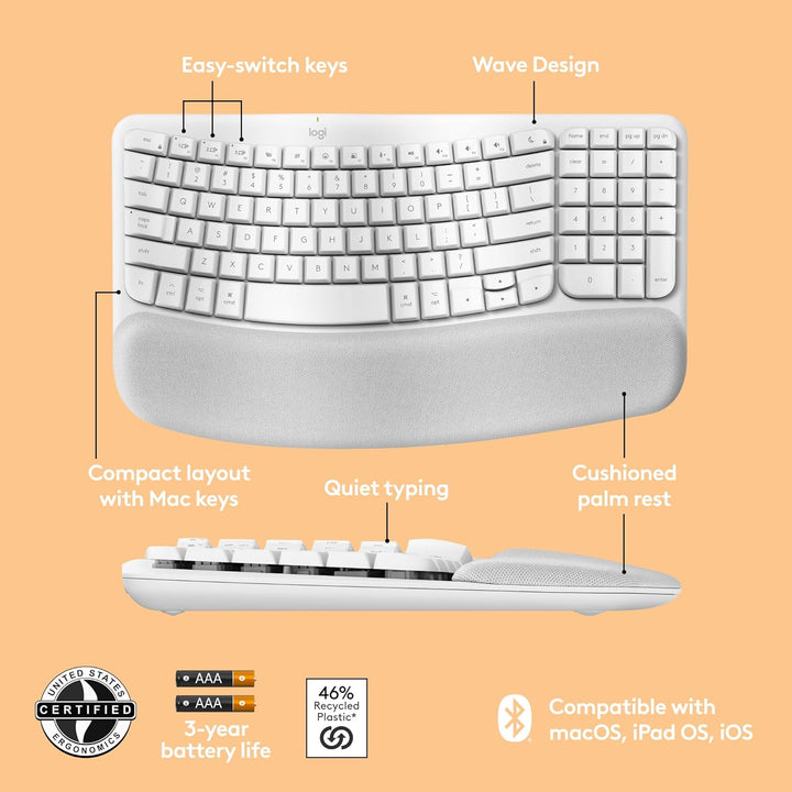 Logitech | Keyboard Wave for Mac Wireless Bluetooth USB-C - White | 920-012402