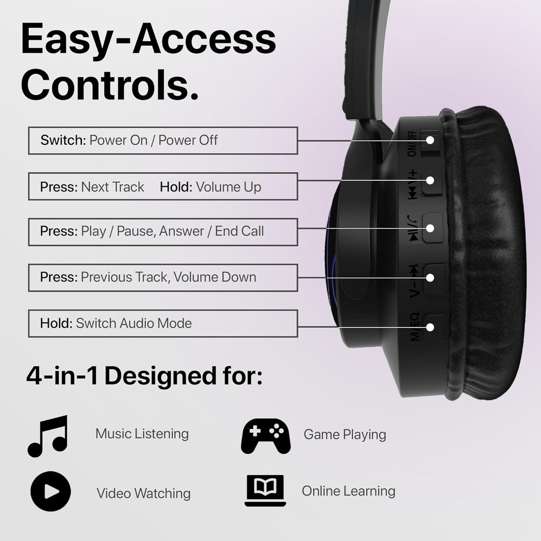 HyperGear | Headphones Bluetooth Bunny Tracks Built in Mic Soft Memory Foam Ear Cushions Foldable Design 10hr Play Time – Black | CUST-DTIPADMINI3-RYL