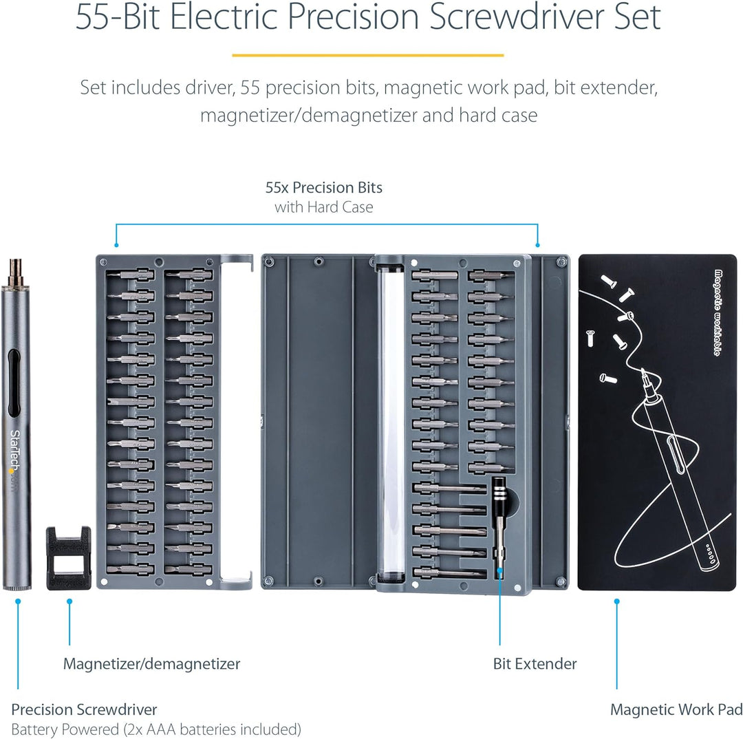 Startech | Electric Precision Screwdriver Set - Portable Cordless Battery Powered Bit Driver Kit for Electronics | CTK55PCEDRIVE