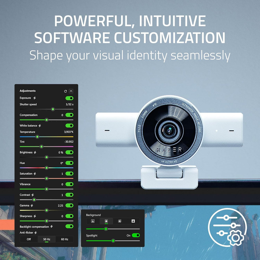 Razer | Kiyo V2 Streaming Webcam: 4K 30 FPS, 1080p 60 FPS AI Powered Auto-Framing Built-in Microphone - White | RZ19-05370200-R3U1