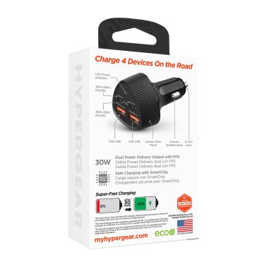 HyperGear | Fast Charge Car Charger SpeedBoost Dual USB-C + Dual USB-A CLA  77W - Black | 16350