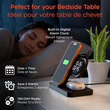 Hypergear |  Foldable Wireless Charging Stand w/Digital Alarm Clock 15W Powerfold 24/7 3in1 - Black | 16498