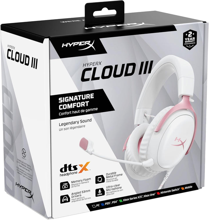 HyperX | Cloud III Gaming Headset Wired Over-Ear PC, PS5, Xbox Series X|S, Angled 53mm Drivers, DTS - Pink | 9W1Q4AA