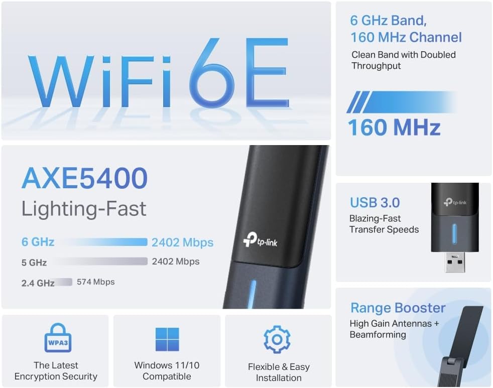 TP-Link | Archer Wireless AXE5400 Wi-Fi 6E USB 3.0 Tri-Band Wireless Network Adapter | TXE70UH
