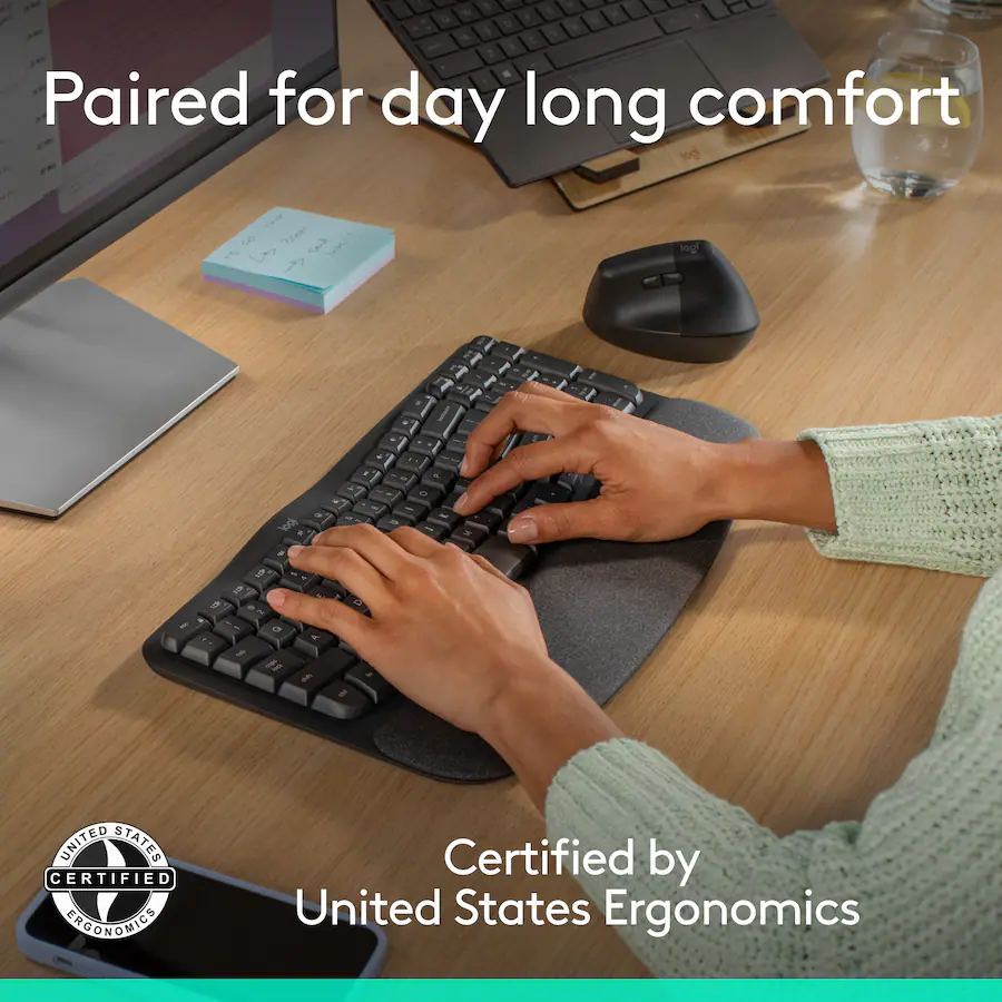 Logitech | Wave Keys and Lift Vertical Mouse Wireless Ergonomic Keyboard and Mouse Bundle with Cushioned Palm Rest - Graphite | 920-013610