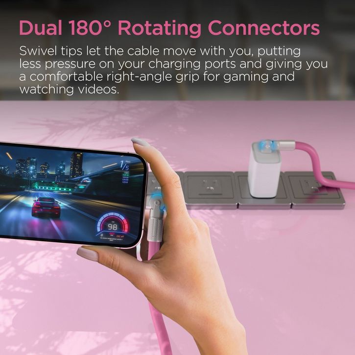 HyperGear | Rugged Cable w/Rotating Connectors USB-C to USB-C Chunky 180  12 ft. 360cm 100W - Pink |  16343