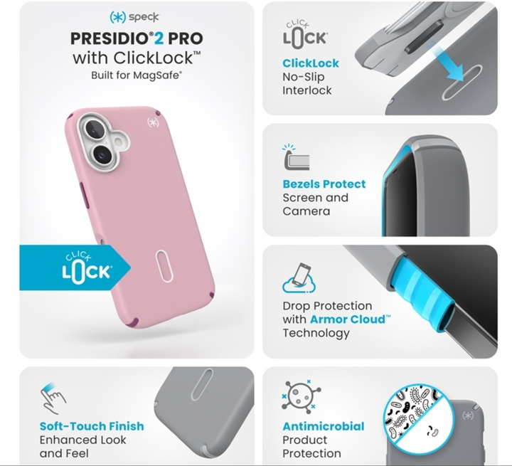 Speck | Presidio2 Pro MagSafe with ClickLock Apple iPhone 16 - Wednesday Pink | 150688-3250