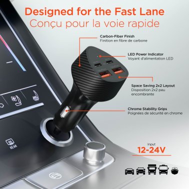 HyperGear | Fast Charge Car Charger SpeedBoost Dual USB-C + Dual USB-A CLA  77W - Black | 16350