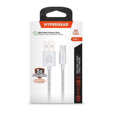 HyperGear | Braided Charge and Sync Cable USB-A to USB-C 4 ft/120cm - White | 15-11215