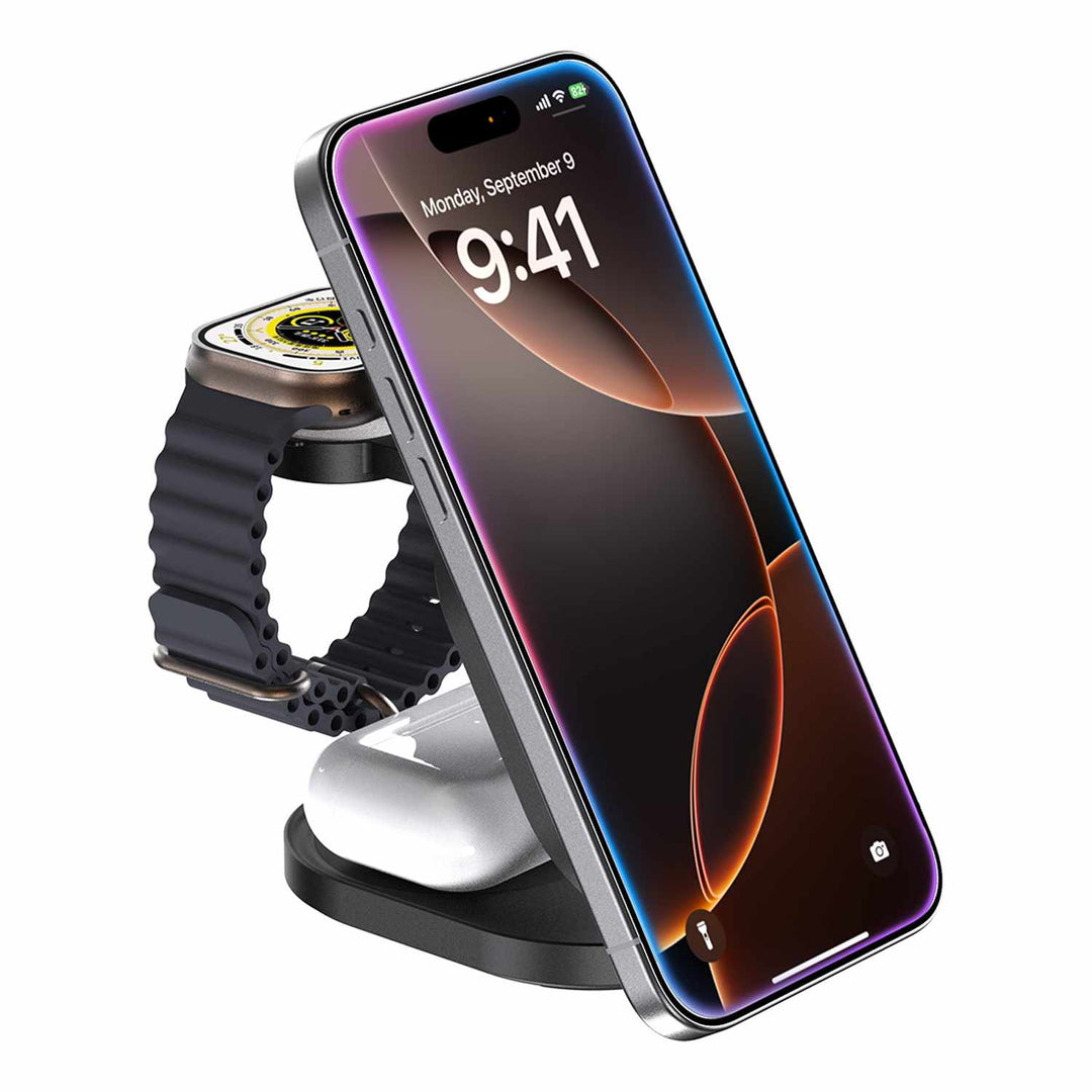 Blu Element | Qi2 3-in-1 Foldable Wireless Charging Stand 15W MagSafe-Compatible - Black | BEWCQi23IN1F PROMO ENDS JAN 3