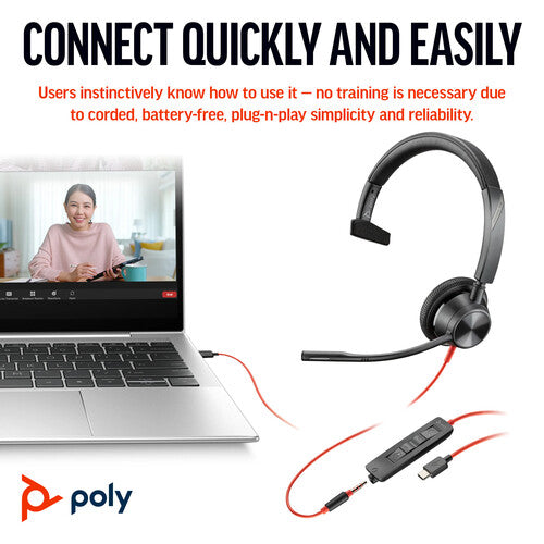 Poly | Blackwire 3315 Monaural Microsoft Teams Certified USB-C Headset + 3.5mm Plug + USB-C/A Adapter | 8X218AA