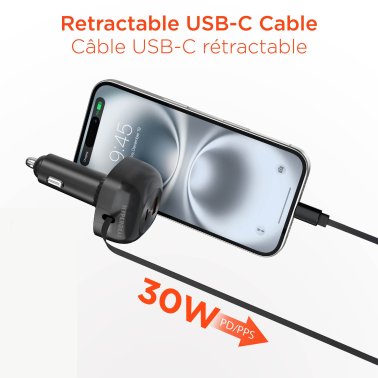 HyperGear | SpeedBoost 30W 3-in-1 Fast Car Charger CLA with Retractable USB-C PD Cable | 16250