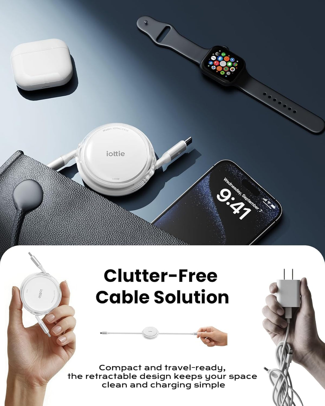 iOttie | Retractable Cable 100W USB-C to USB-C (set of 2) 3ft - White | IOTACC610