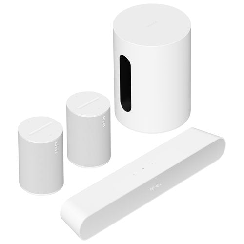 Sonos | Sub Mini Wireless Subwoofer, Ray Sound Bar & 2 Era 100 Multi-Room Speakers - White |