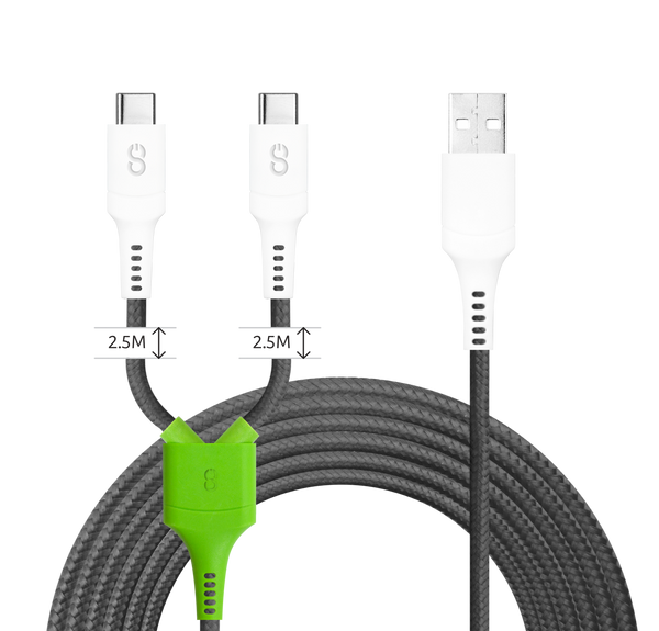 //// LOGiiX | Split Gaming Cable XL USB-A to 2x USB-C 3M 10FT - Black/Green | LGX-13383
