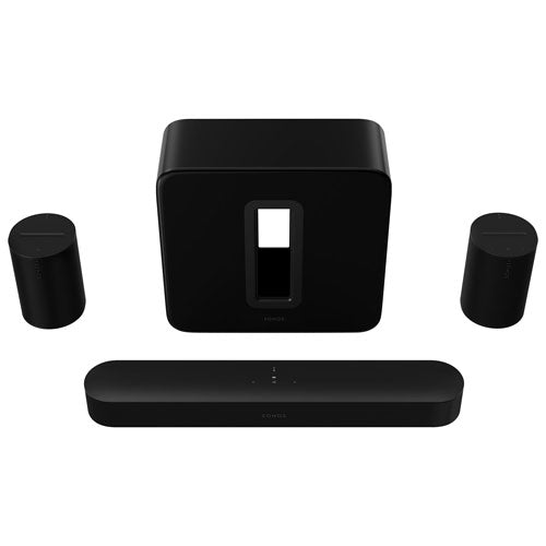 Sonos | Sub (3rd Gen) Wireless Subwoofer, Beam (2nd Gen) Sound Bar & 2 Era 100 Multi-Room Speakers - Black |