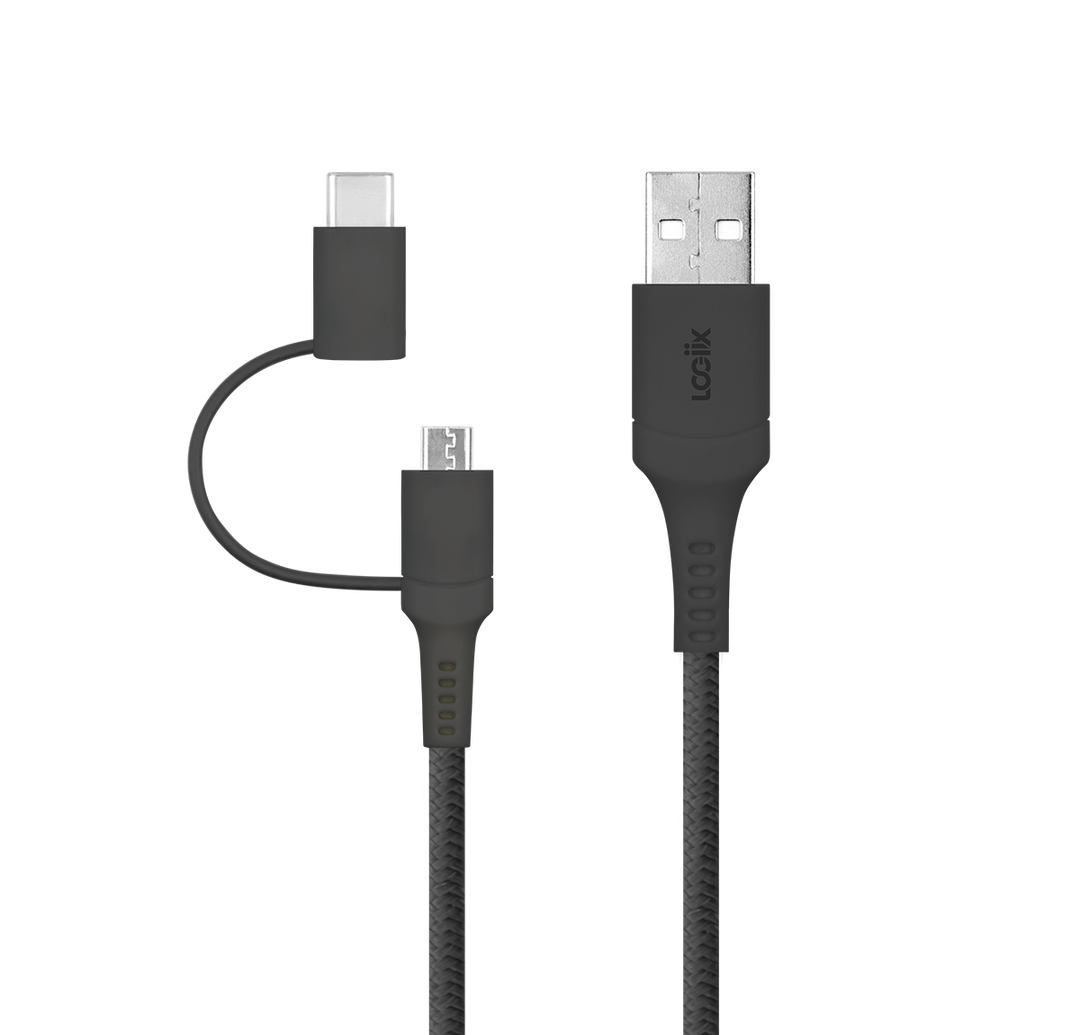 LOGiiX | Multi Cable  2 in 1 USB-A to USB-C/microUSB 1.5M 5ft - Black | LGX-12969