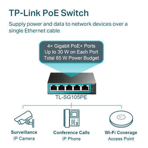 TP-Link | 5-Port Gigabit Unmanaged Easy Smart Switch with 4-Port PoE+ | TL-SG105PE