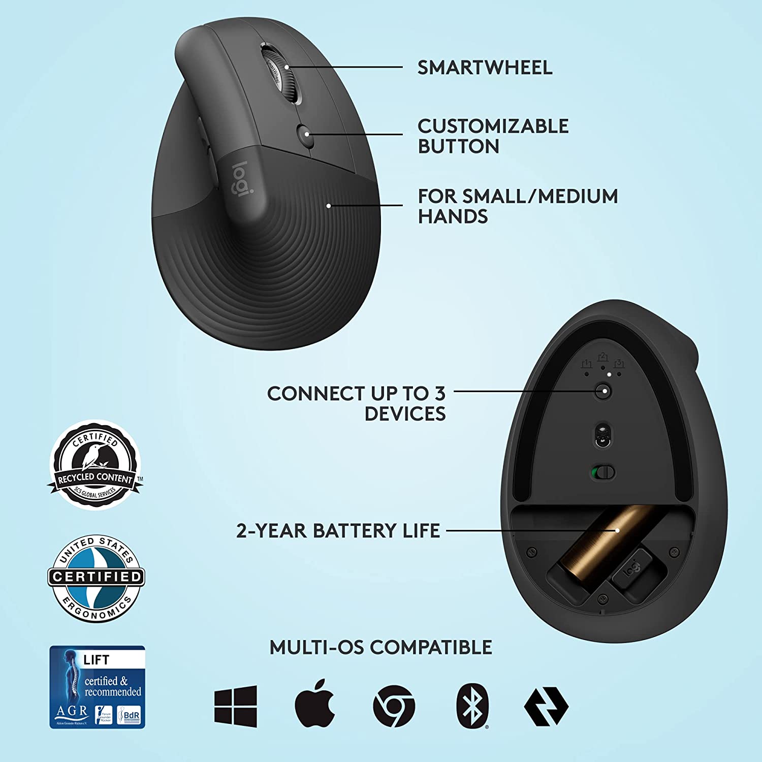 Logitech | Lift Vertical Ergonomic Mouse - Right Handed - Graphite